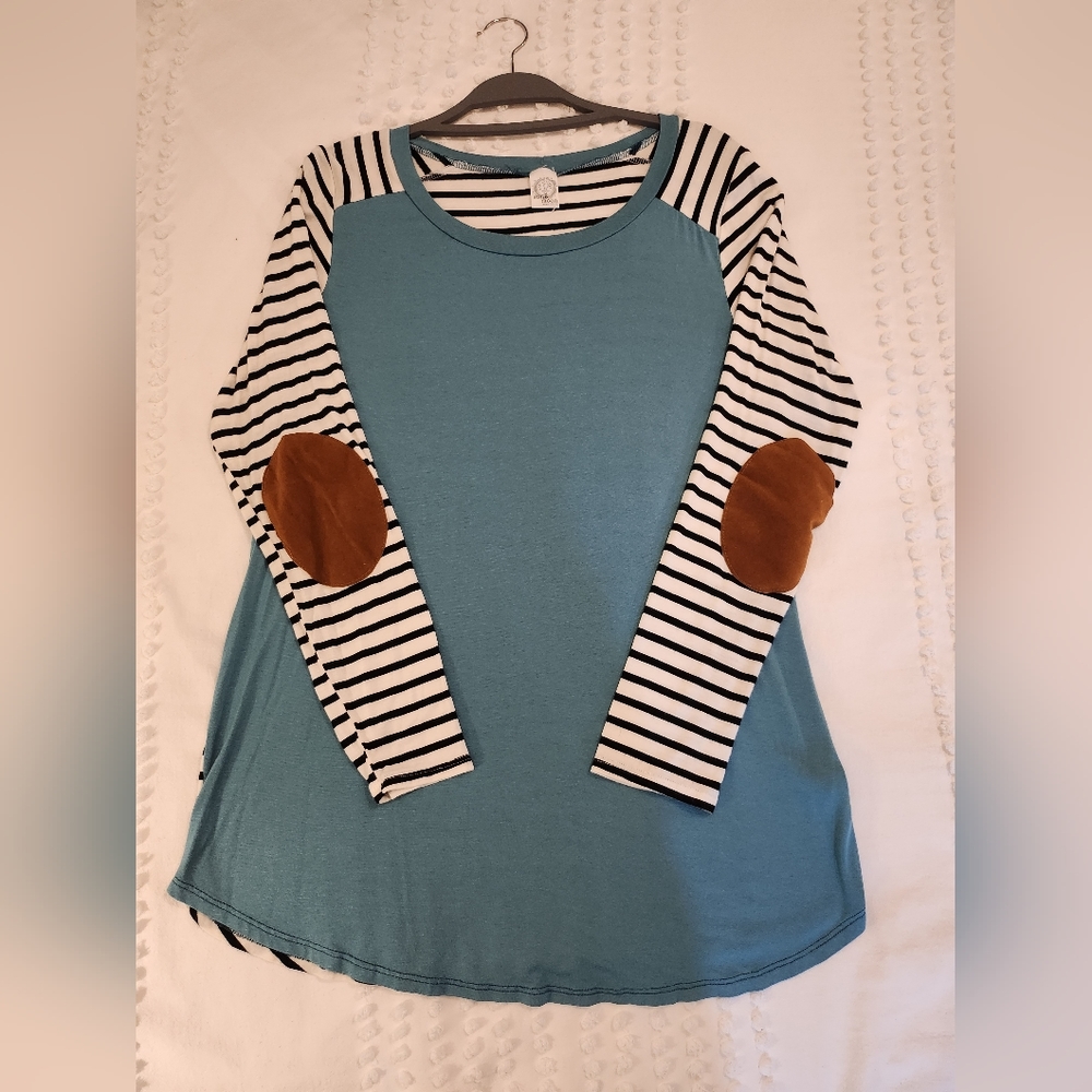 Tunic style shirt- Soft teal with black and white striped sleeves and back.